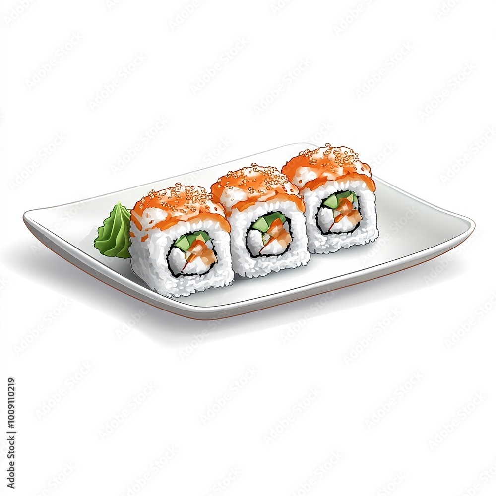 A plate of sushi rolls garnished with wasabi, showcasing a popular Japanese dish. A plate of sushi rolls garnished with wasabi, showcasing a popular Japanese dish.