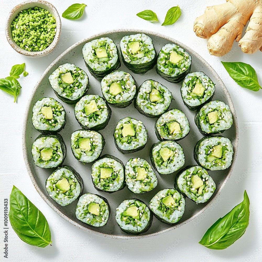 A plate of vibrant green sushi rolls with fresh ingredients and garnishes. A plate of vibrant green sushi rolls with fresh ingredients and garnishes.