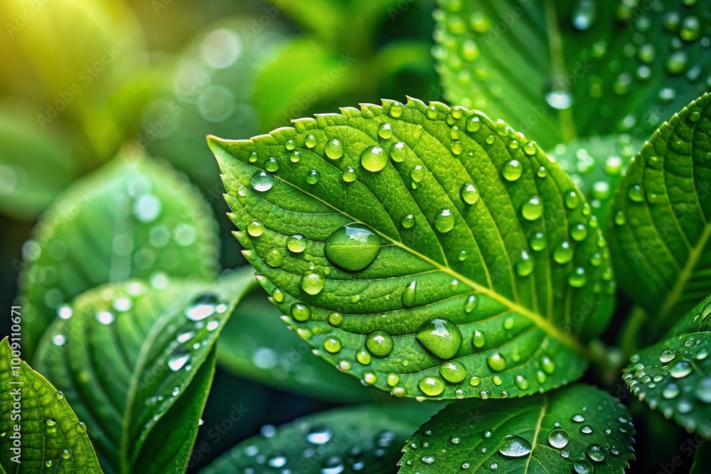 Close-Up of Green Leaves with Dew Drops in Natural Light, Nature Background for Freshness Concept Close-Up of Green Leaves with Dew Drops in Natural Light, Nature Background for Freshness Concept