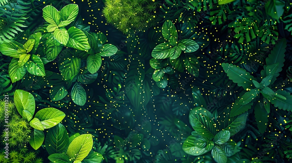 A vibrant scene of lush green leaves illuminated by numerous glowing fireflies, creating a magical nighttime atmosphere in the forest.
A vibrant scene of lush green leaves illuminated by numerous glowing fireflies, creating a magical nighttime atmosphere in the forest.