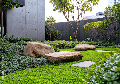 A small garden with green hedges, large flat rocks, and lush grass. A concrete wall stands behind the back fence of an office building