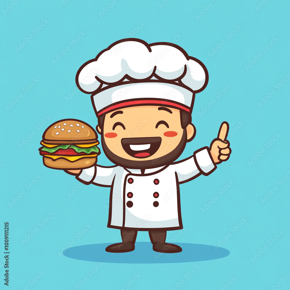 A cartoon chef holding a burger and pointing up, logo design on a blue background in a simple and flat style. A cartoon chef holding a burger and pointing up, logo design on a blue background in a simple and flat style.