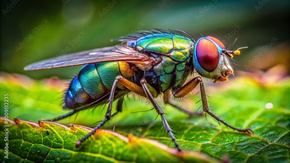 Naklejka premium Close-up of Sarcophagidae Fly on Green Leaf, Natural Habitat, Insect Macro Photography, Nature Beauty