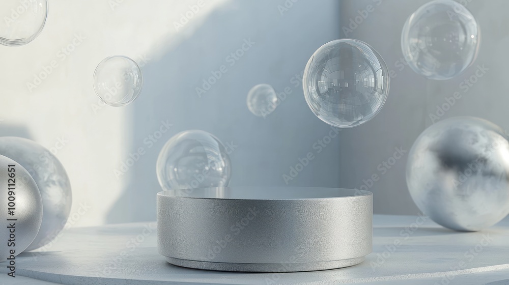 A cylinder podium in matte silver, surrounded by transparent, floating geometric shapes on a minimal abstract background, evoking a contemporary, airy feel. A cylinder podium in matte silver, surrounded by transparent, floating geometric shapes on a minimal abstract background, evoking a contemporary, airy feel.