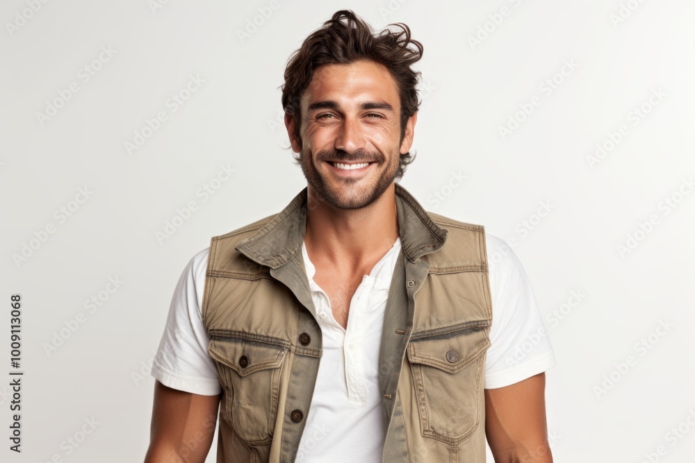 Fototapeta premium Portrait of a grinning man in his 30s wearing a rugged jean vest isolated on white background