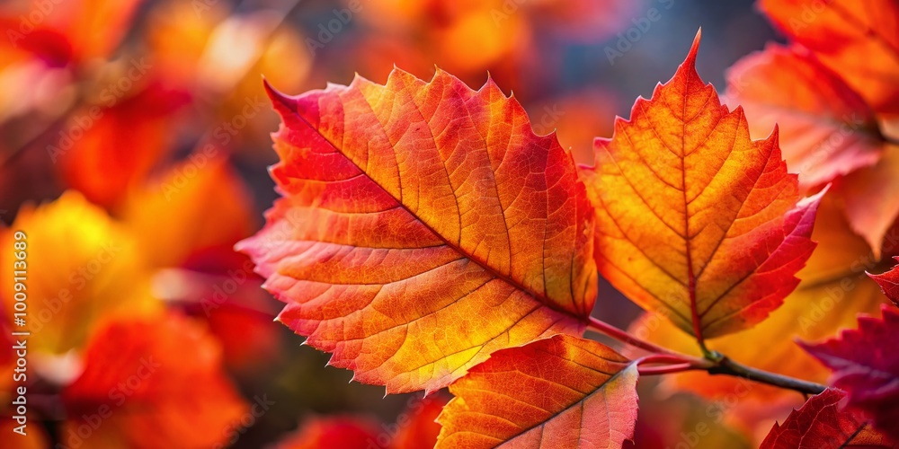 Close-up of vibrant red and orange autumn leaves against a blurred background of nature's beauty Close-up of vibrant red and orange autumn leaves against a blurred background of nature's beauty