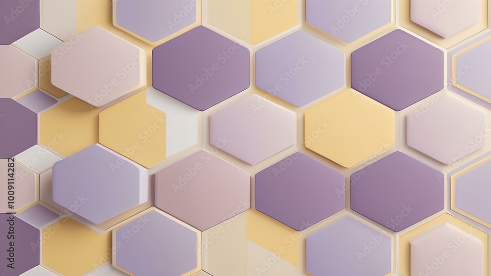 Layers of smooth hexagons in light yellow and pastel purple, arranged in a minimalist design, creating a soft and modern geometric pattern. Layers of smooth hexagons in light yellow and pastel purple, arranged in a minimalist design, creating a soft and modern geometric pattern.