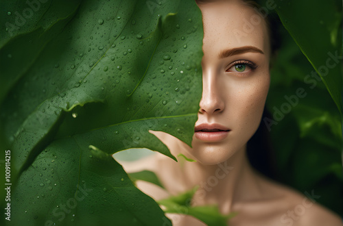 nahaufnahme porträt einer natürlichen schönheit teilweise verdeckt durch ein blatt