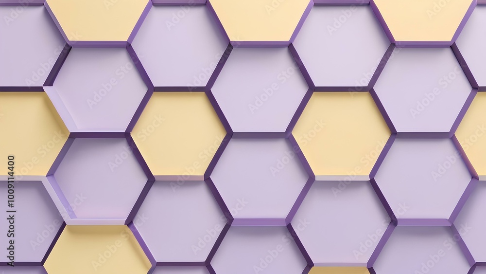 Geometrically arranged hexagons in light yellow and soft purple, creating a calming and stylish 3D visual effect with smooth gradients and gentle textures Geometrically arranged hexagons in light yellow and soft purple, creating a calming and stylish 3D visual effect with smooth gradients and gentle textures