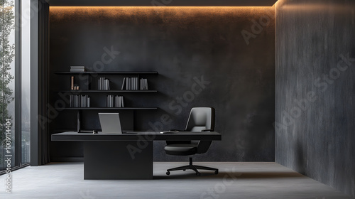 black minimalist office bookshelf The walls are wood and dark gray concrete.
furniture