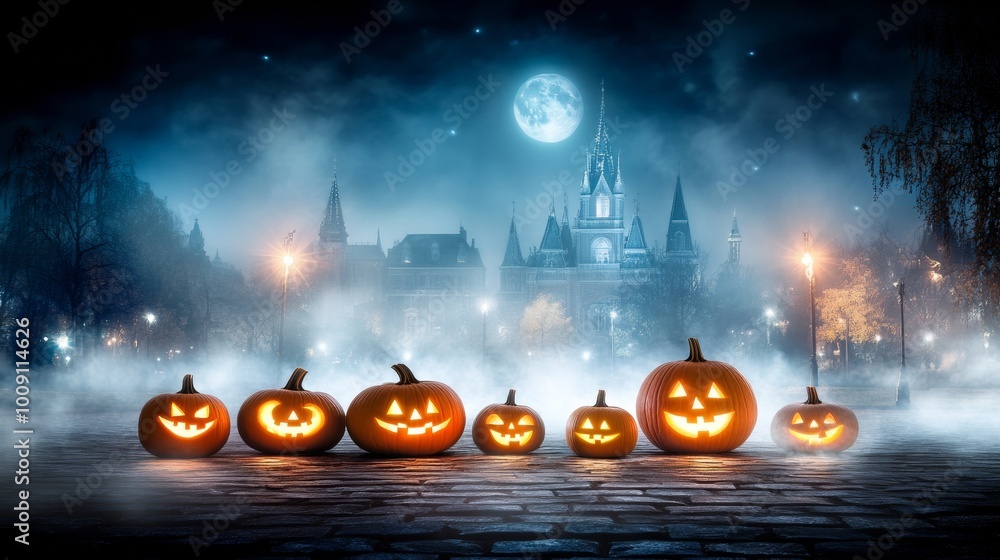 A spooky fog-covered village with pumpkins glowing in the windows of old cottages A spooky fog-covered village with pumpkins glowing in the windows of old cottages