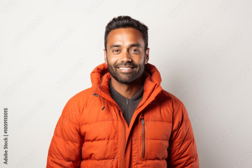 Portrait of a content indian man in his 30s donning a durable down jacket on white background Portrait of a content indian man in his 30s donning a durable down jacket on white background