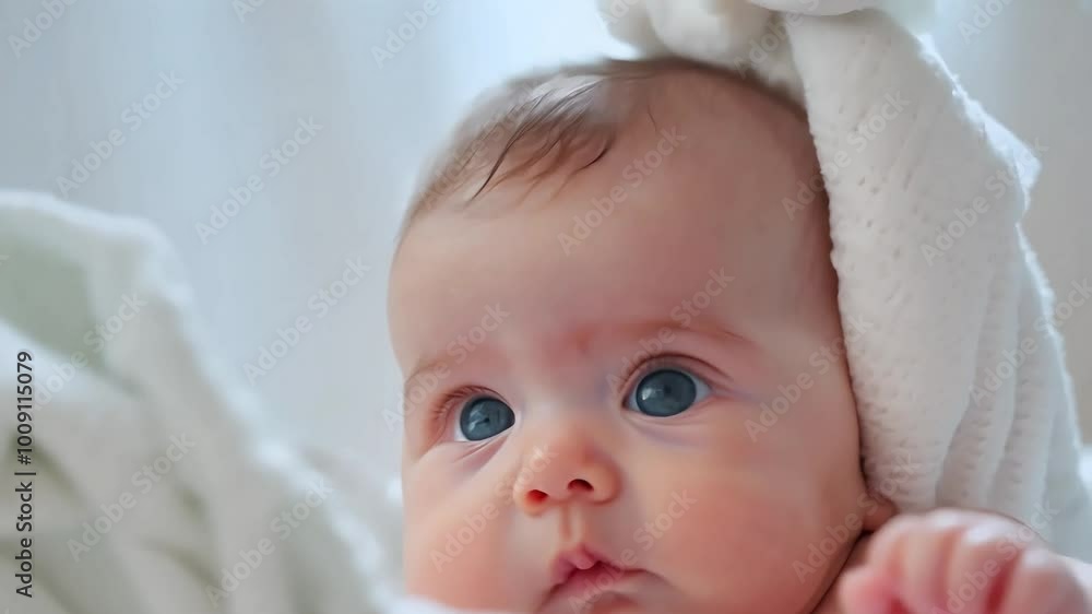 Cute baby lying on their back, playing with a soft pillow in a bright bedroom