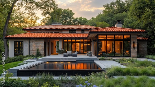 modern ranchstyle house features striking red roof tiles surrounded by lush greenery showcasing a blend of contemporary design with rustic charm in a picturesque rural setting