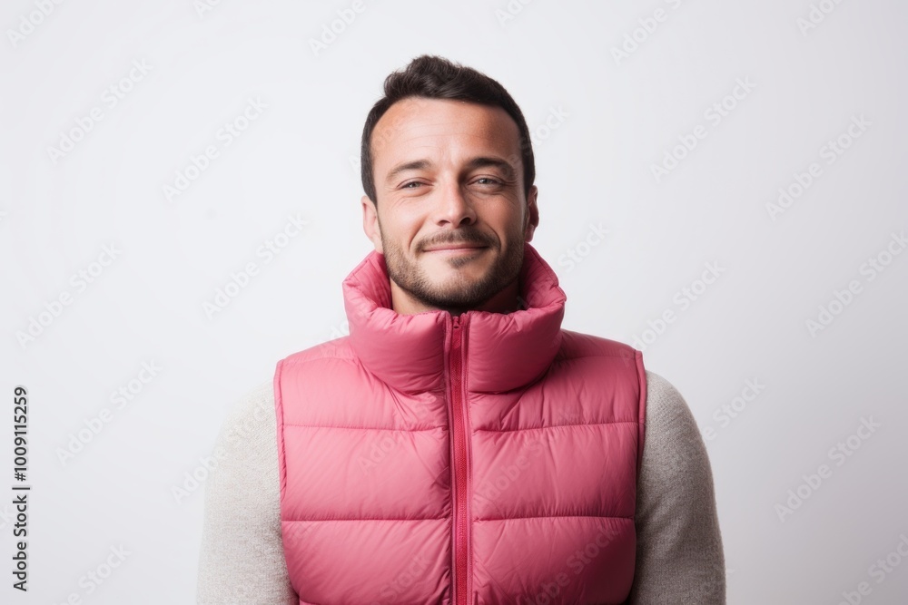 © Markus Schröder - Portrait of a blissful man in his 30s dressed in a thermal insulation vest on white background