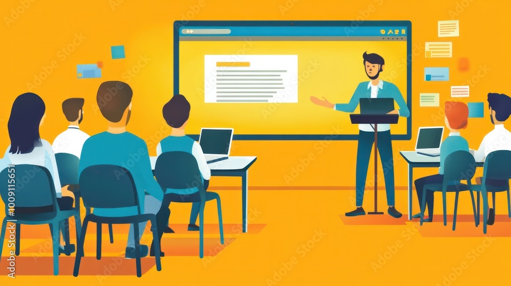 A teacher presenting a lesson online, with a bright yellow background that energizes the virtual learning space A teacher presenting a lesson online, with a bright yellow background that energizes the virtual learning space