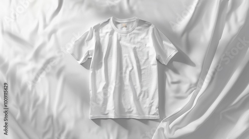 A plain white t-shirt displayed on a smooth, white fabric background.