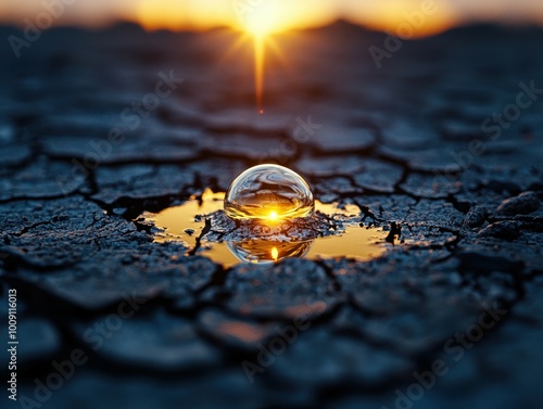 Wallpaper Mural A single water droplet sits on a cracked, dry surface with the setting sun reflecting in it. Torontodigital.ca