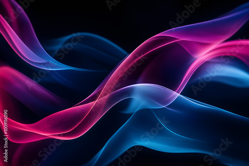 Abstract Neon Light Waves, A captivating abstract composition featuring flowing neon light waves in vibrant shades of blue, pink, and purple against a dark background.