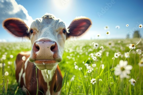 Curious cow in sunny meadow