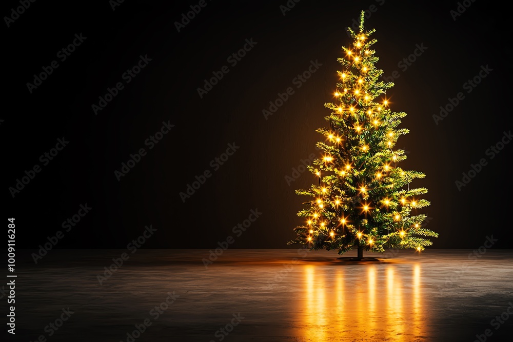 Christmas tree illuminated with lights, set against a dark background. Christmas tree illuminated with lights, set against a dark background.