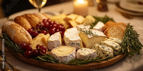 Elegant cheese platter with artisanal French cheeses, fresh baguettes, softly glowing ambiance, inviting table setting