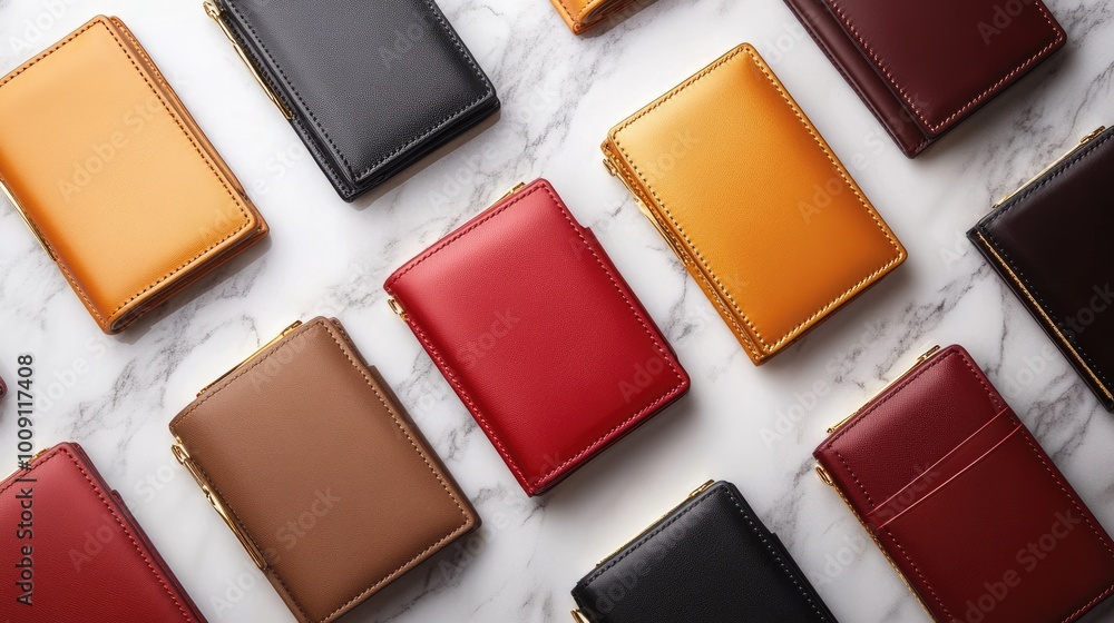 A set of luxurious leather wallets arranged on a marble background, with gold accents and soft lighting enhancing their elegance and sophistication A set of luxurious leather wallets arranged on a marble background, with gold accents and soft lighting enhancing their elegance and sophistication