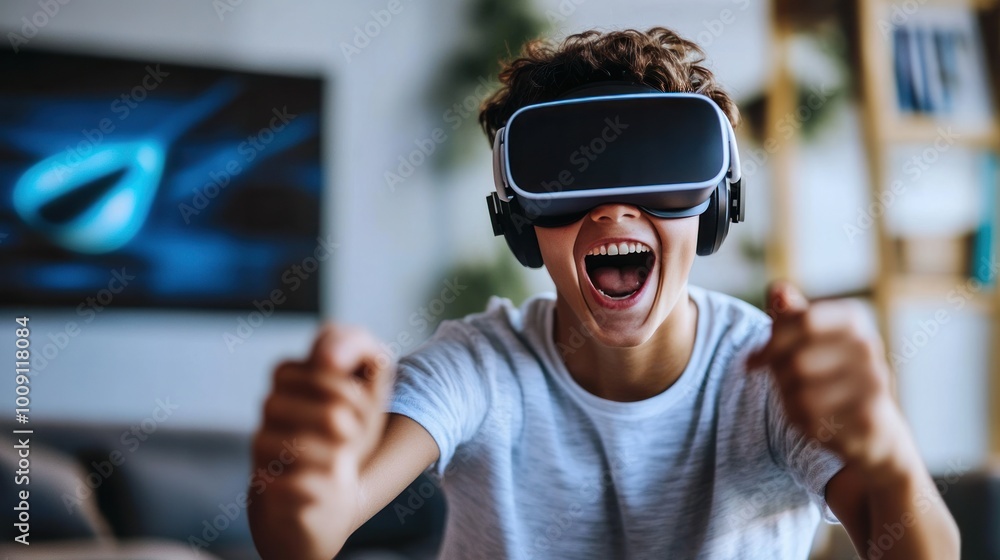 A teenager experiencing the excitement of VR gaming, playing metaverse sports games with a VR headset in the living room A teenager experiencing the excitement of VR gaming, playing metaverse sports games with a VR headset in the living room