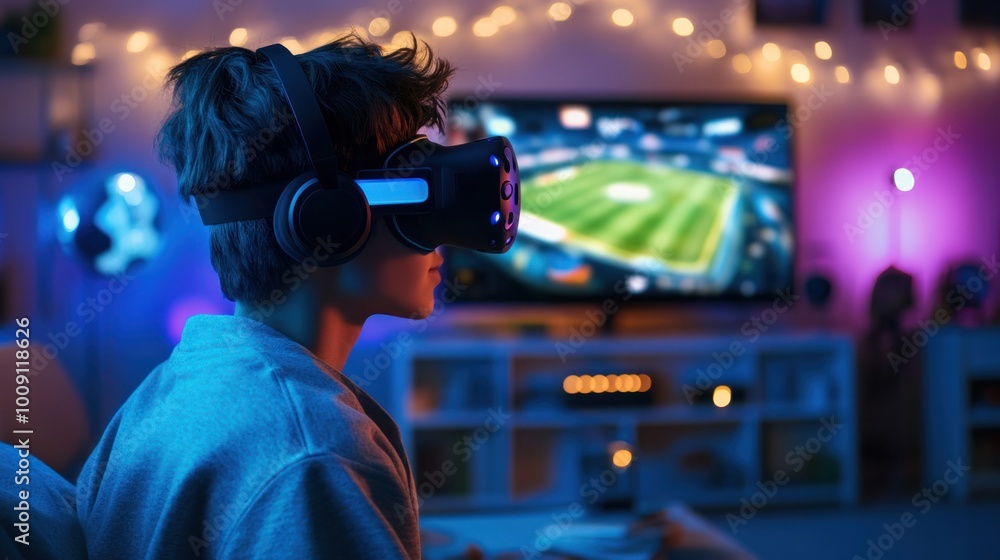 A teenager playing metaverse games with a VR headset, completely absorbed in the virtual reality environment of online sports A teenager playing metaverse games with a VR headset, completely absorbed in the virtual reality environment of online sports