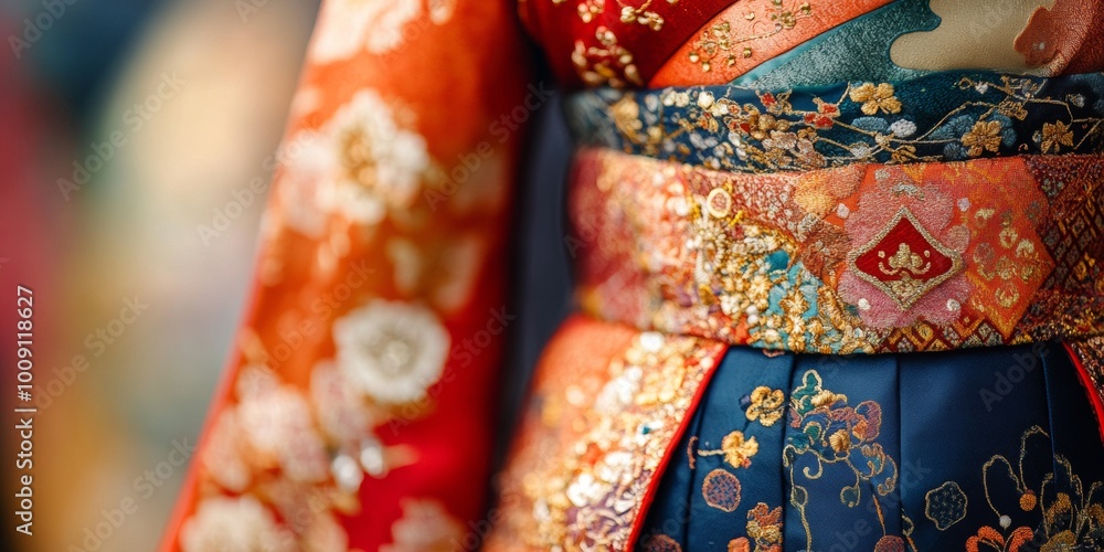 Elegant Hanbok Detail, showcasing intricate patterns against a softly blurred background, celebrating traditional Korean craftsmanship and design. Elegant Hanbok Detail, showcasing intricate patterns against a softly blurred background, celebrating traditional Korean craftsmanship and design.