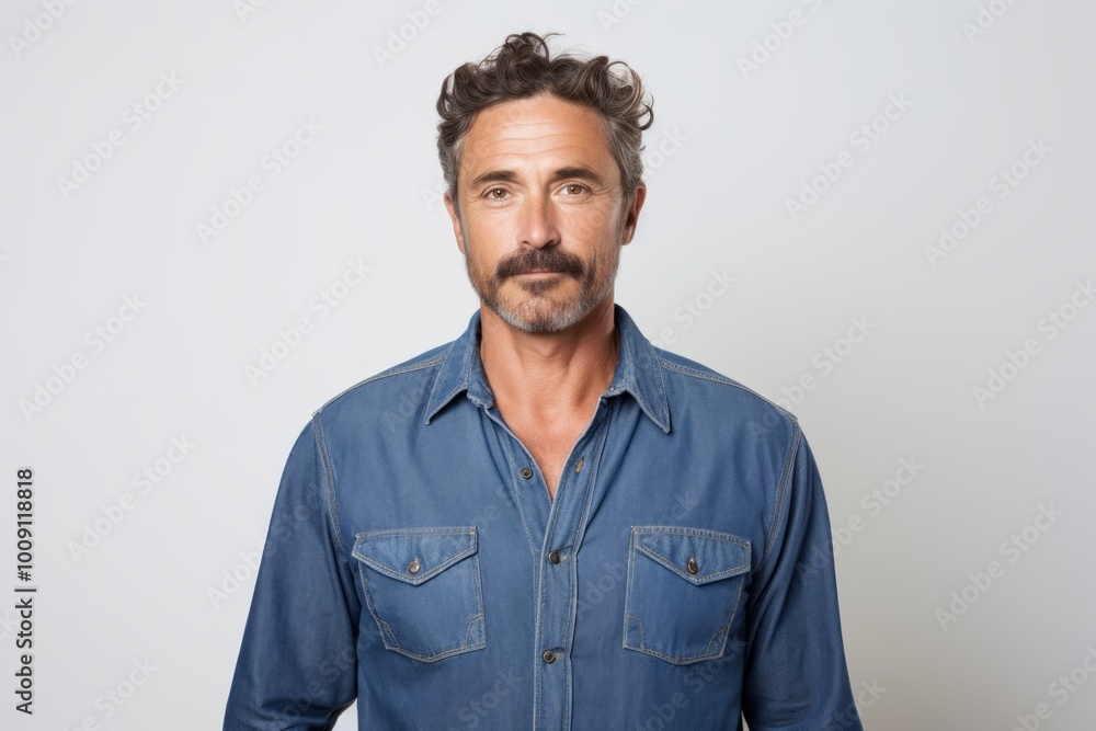 Portrait of a content man in his 40s sporting a versatile denim shirt isolated on white background Portrait of a content man in his 40s sporting a versatile denim shirt isolated on white background