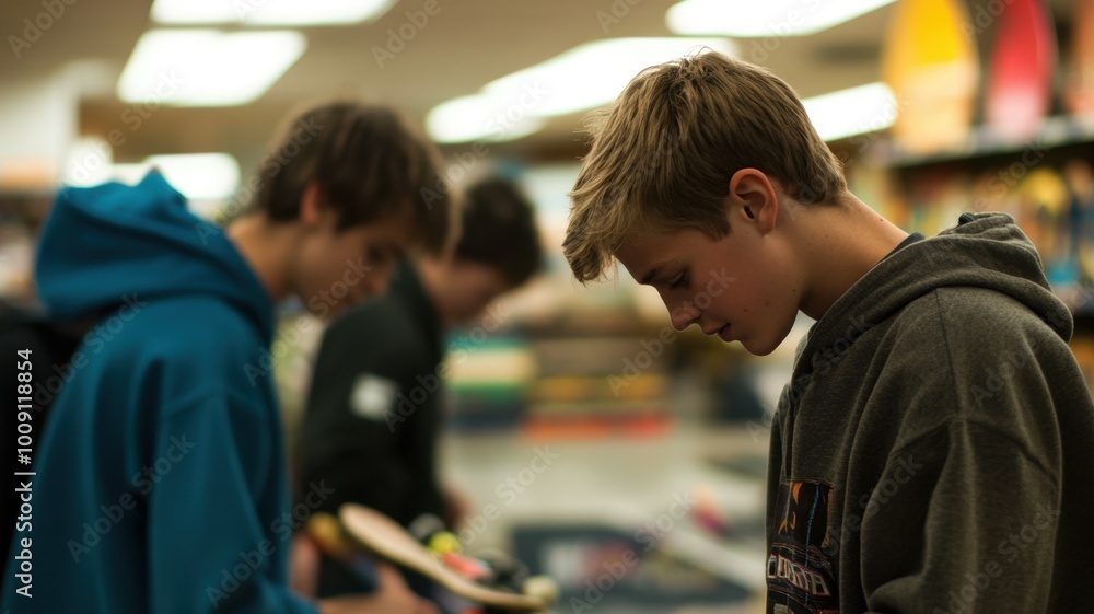A teenage White boy around 18 with short hair and a casual hoodie trying out skateboards at a sports store with his friends. A teenage White boy around 18 with short hair and a casual hoodie trying out skateboards at a sports store with his friends.