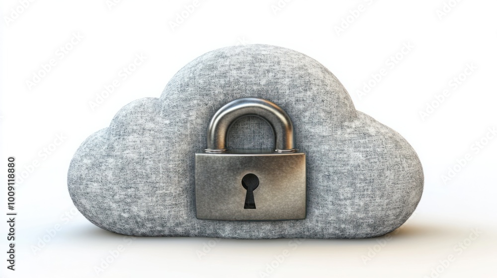 Shiny padlock on top of a soft cloud shape, symbolizing secure data storage, isolated on white Shiny padlock on top of a soft cloud shape, symbolizing secure data storage, isolated on white