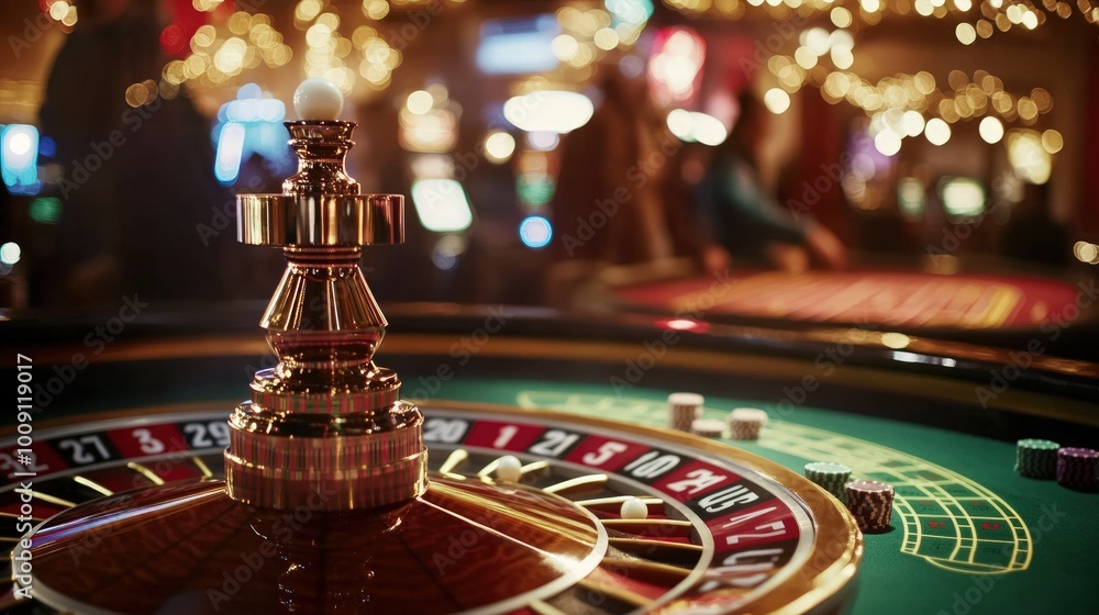 Close-up of a roulette wheel with a white ball spinning on the table in a casino. Close-up of a roulette wheel with a white ball spinning on the table in a casino.