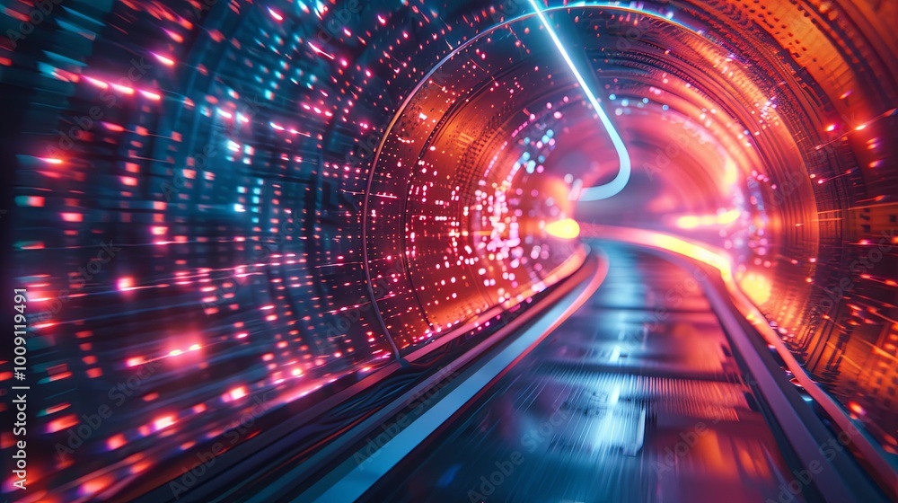 Obraz premium A high-tech futuristic tunnel illuminated with glowing blue and red lights, filled with streaming digital data, symbolizing rapid information transfer in a technological world. 