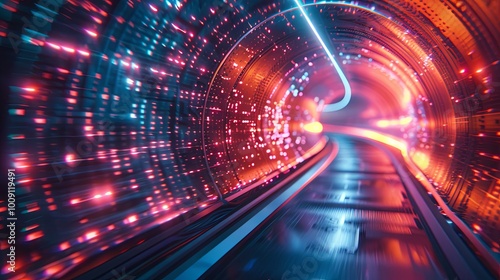 A high-tech futuristic tunnel illuminated with glowing blue and red lights, filled with streaming digital data, symbolizing rapid information transfer in a technological world. 