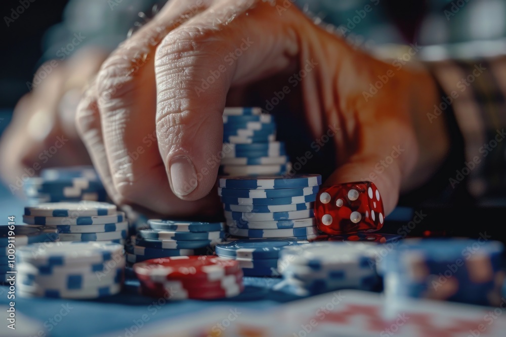 A person playing games with friends using dice and cards A person playing games with friends using dice and cards