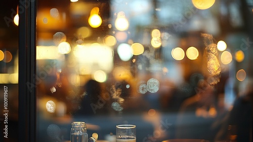 Blurred silhouettes in a cozy cafe behind glass, with warm glowing lights creating a dreamy bokeh effect. Glassware in foreground adds depth to the inviting scene.