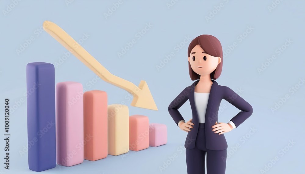 A woman in business attire stands confidently next to a declining graph, symbolizing challenges in business or economic downturns. A woman in business attire stands confidently next to a declining graph, symbolizing challenges in business or economic downturns.
