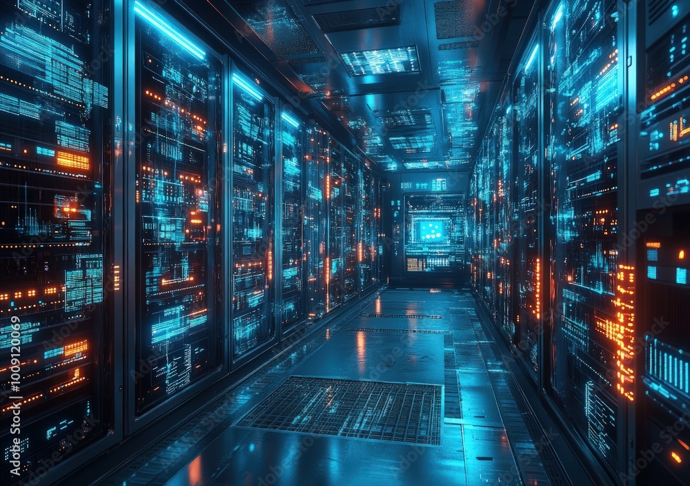 High-Tech Data Center Corridor Illuminated by Futuristic Lights High-Tech Data Center Corridor Illuminated by Futuristic Lights