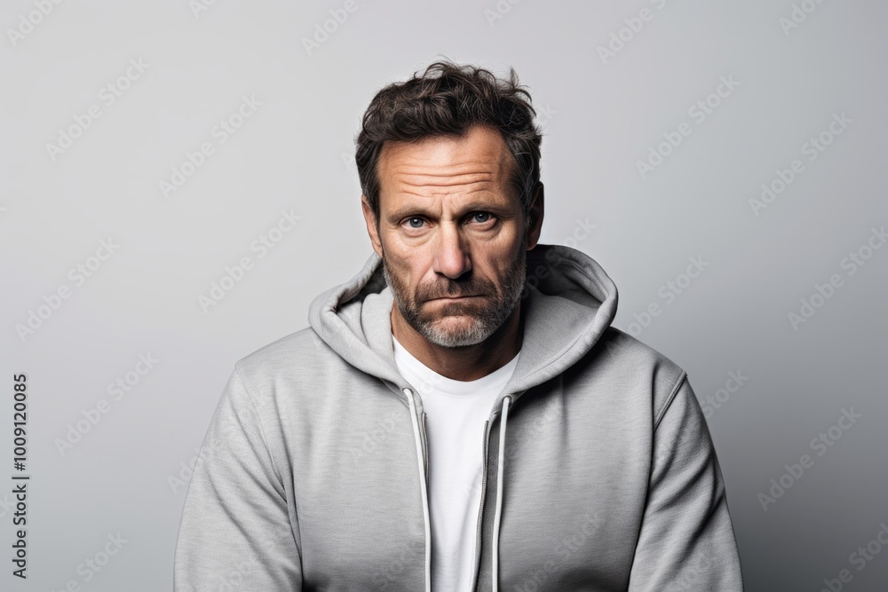 Portrait of a content man in his 40s wearing a zip-up fleece hoodie over white background Portrait of a content man in his 40s wearing a zip-up fleece hoodie over white background