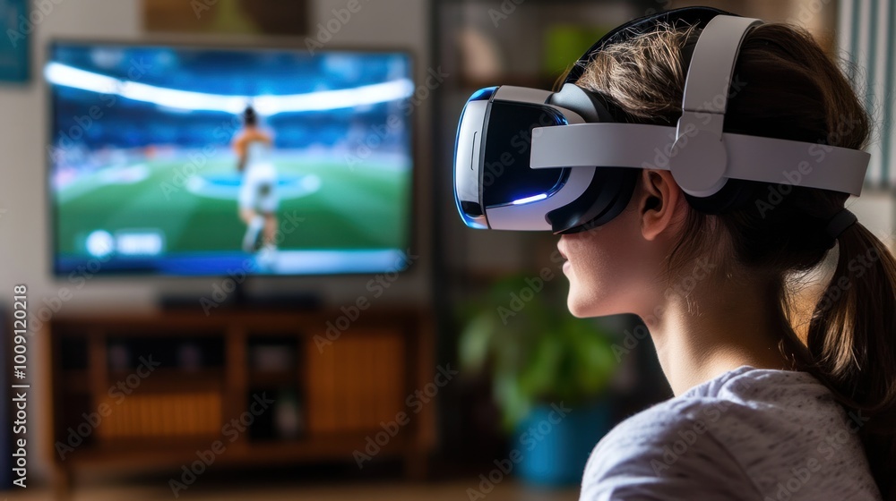 A teenager wearing a VR headset, engaging in metaverse sports games in the living room, showcasing modern home gaming technology A teenager wearing a VR headset, engaging in metaverse sports games in the living room, showcasing modern home gaming technology