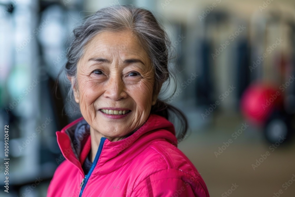 Fototapeta premium A happy woman wearing a bright pink jacket smiles directly at the camera