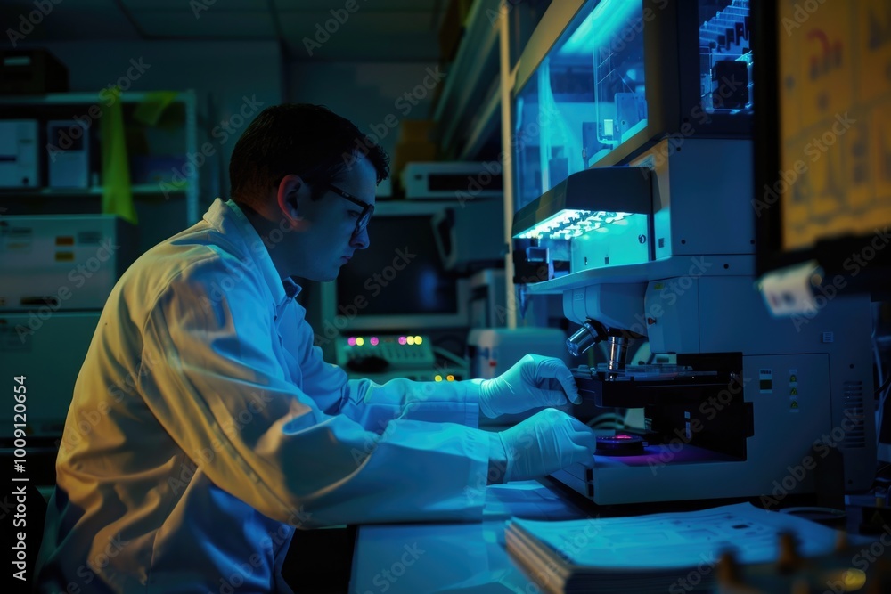 A scientist in a lab coat works on a machine, focused on his task A scientist in a lab coat works on a machine, focused on his task