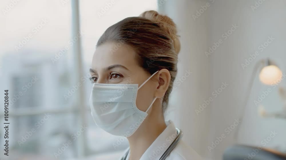 Doctor, close-up, in a mask looking out the window in the office, Female doctor in a medical suit in a hospital, Health worker against the background of a window Doctor, close-up, in a mask looking out the window in the office, Female doctor in a medical suit in a hospital, Health worker against the background of a window
