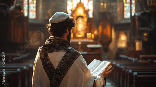 A man wearing a kippah reads a religious text in a synagogue, surrounded by stained-glass windows, in warm glowing light photo