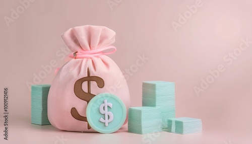 A pink money bag with a dol...
