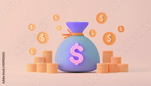 A colorful money bag surrou...