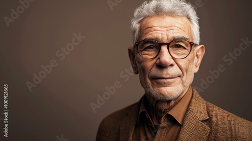 Elegant elderly European man in his 80s with stylish gray hair and classic fashion