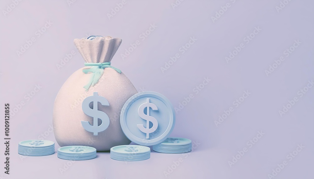 A decorative money bag filled with coins and a large dollar sign, symbolizing wealth and finance in a minimalist design. A decorative money bag filled with coins and a large dollar sign, symbolizing wealth and finance in a minimalist design.